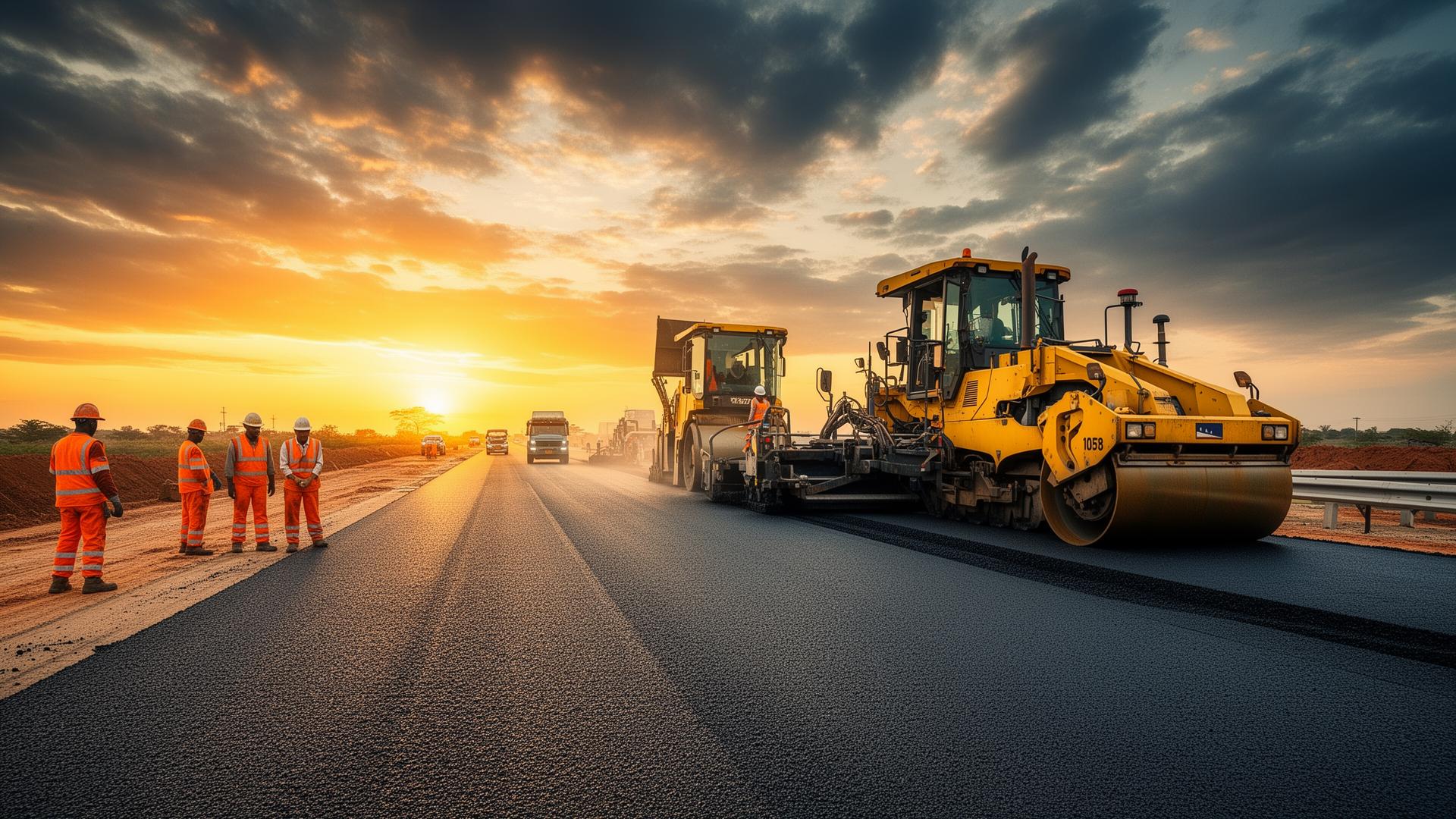 Highway construction at sunset